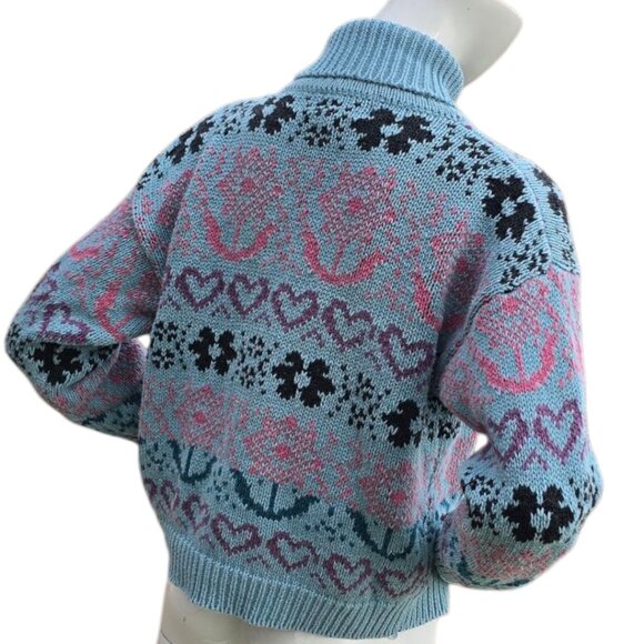 Vintage 80's  90's PARIS SPORTS CLUB Heart Pattern Turtleneck Sweater sz S - Picture 4 of 5